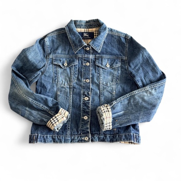 Burberry Dark Blue Denim Jacket with Tan Leather Label - Picture 2 of 10